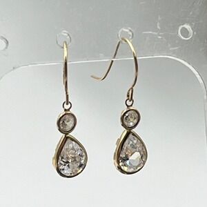 IM 14K Solid Yellow Gold Bezel Set CZ Pear & Round‎ Dangle Drop Earrings .89g